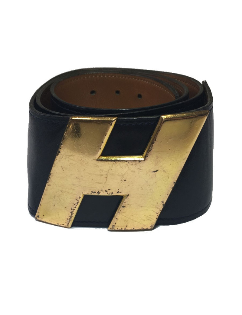 Ceinture HERMES T80 vintage en cuir marine, intérieur cuir gold 