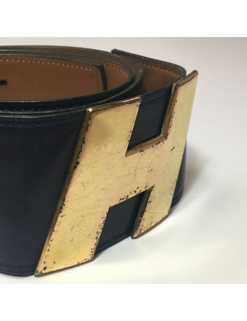 Ceinture HERMES T80 vintage en cuir marine, intérieur cuir gold 