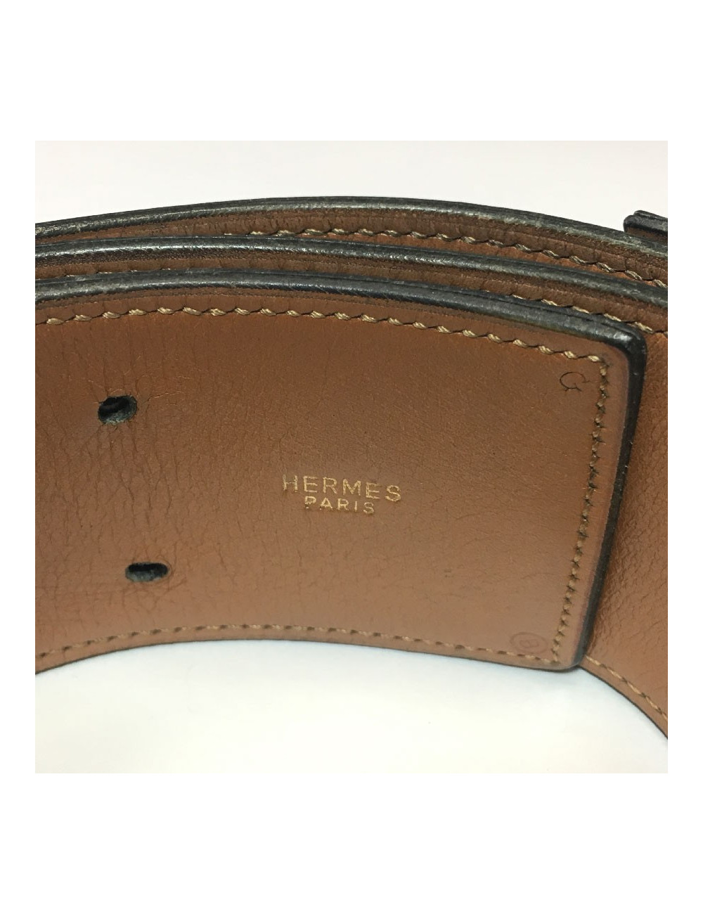 Ceinture HERMES T80 vintage en cuir marine, intérieur cuir gold 