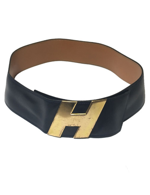 Ceinture HERMES T80 vintage en cuir marine, intérieur cuir gold 