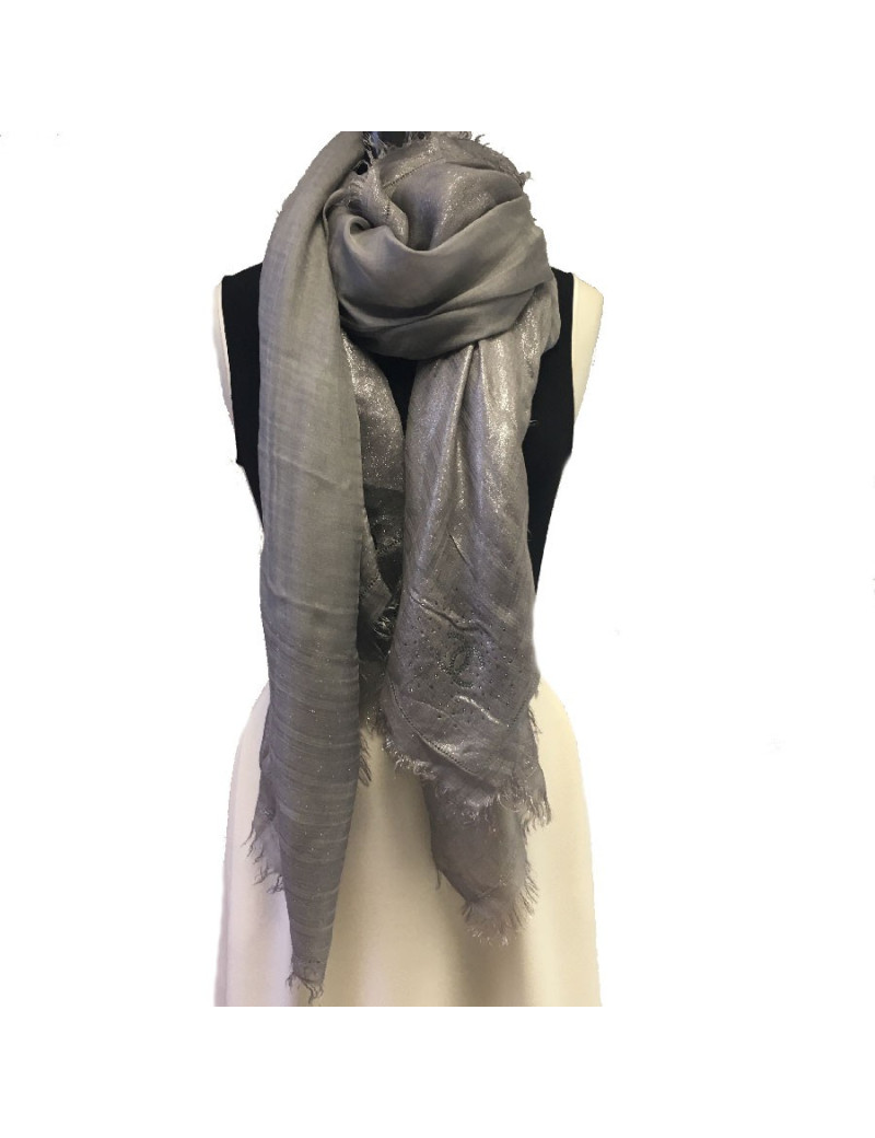 CHANEL shawl in grey modal, silk and cupro with silver threads