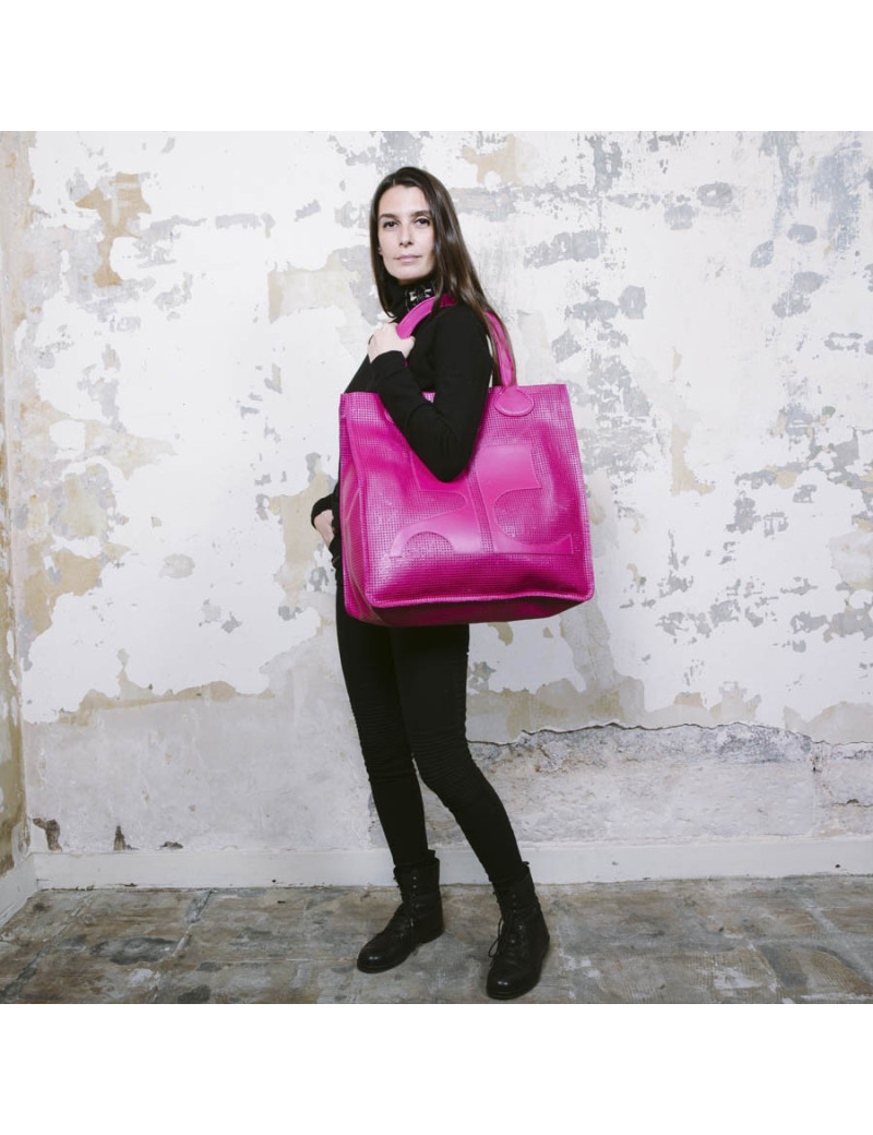 COURREGES large tote bag in perforated pink leather