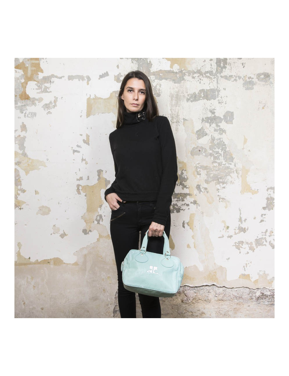 Sac COURREGE cuir verni vert d'eau