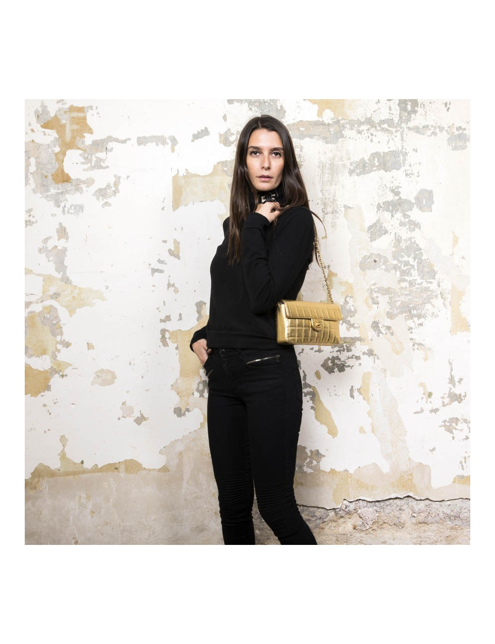 Sac Couture baguette CHANEL cuir matelassé or