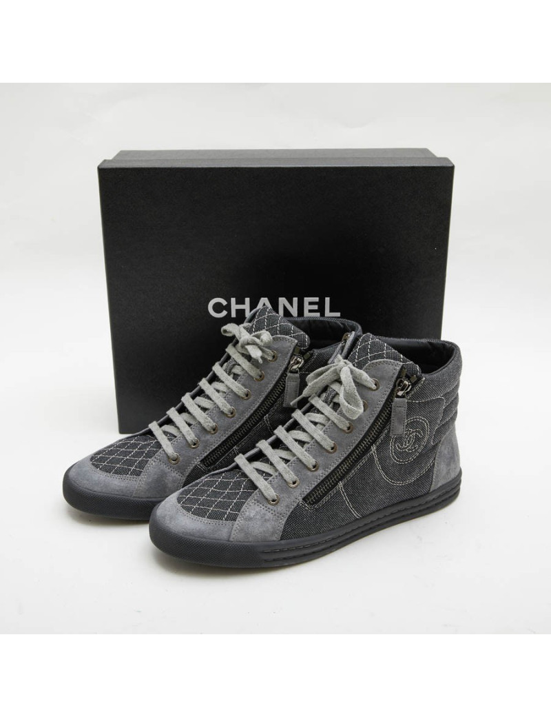 Baskets  Chanel T39,5 denim et veau velours gris