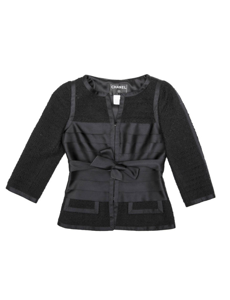 Veste T 34 CHANEL en tweed noir et rubans en soie