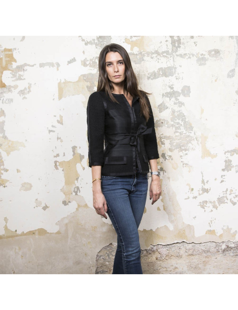 CHANEL jacket size 34EU in black tweed and silk ribbons