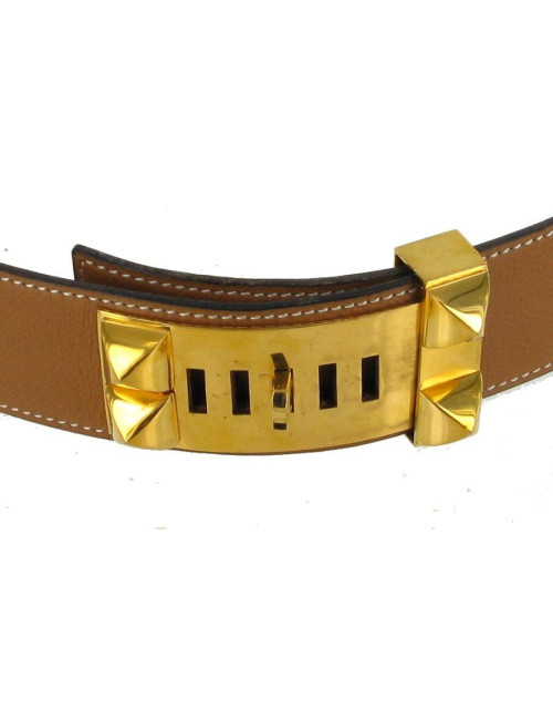 Ceinture T72 HERMES vintage "COLLIER DE CHIEN" en cuir courchevel gold