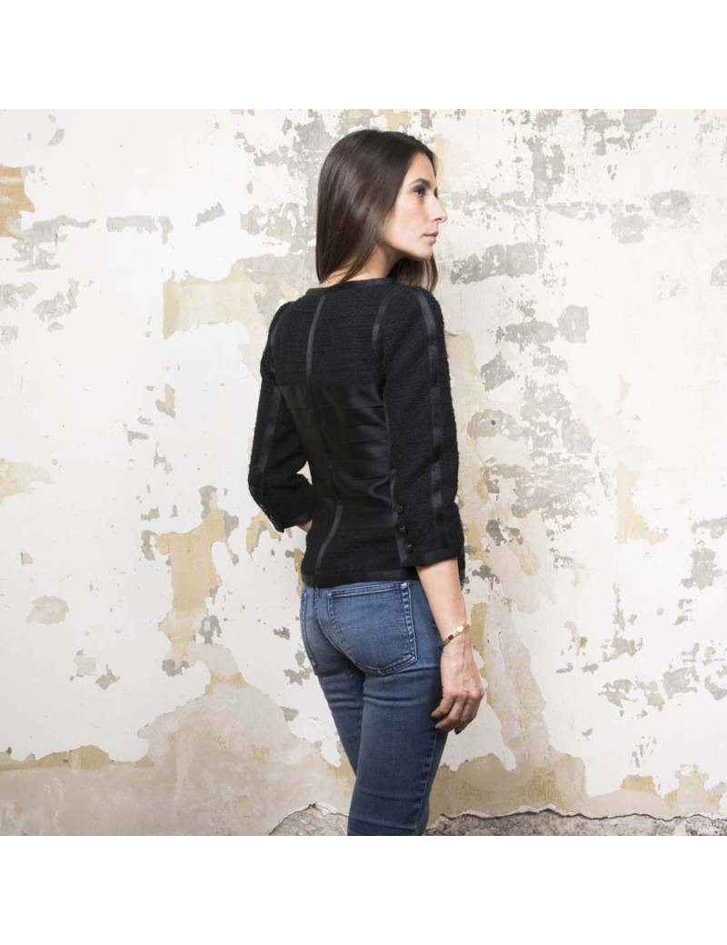 Veste T 34 CHANEL en tweed noir et rubans en soie