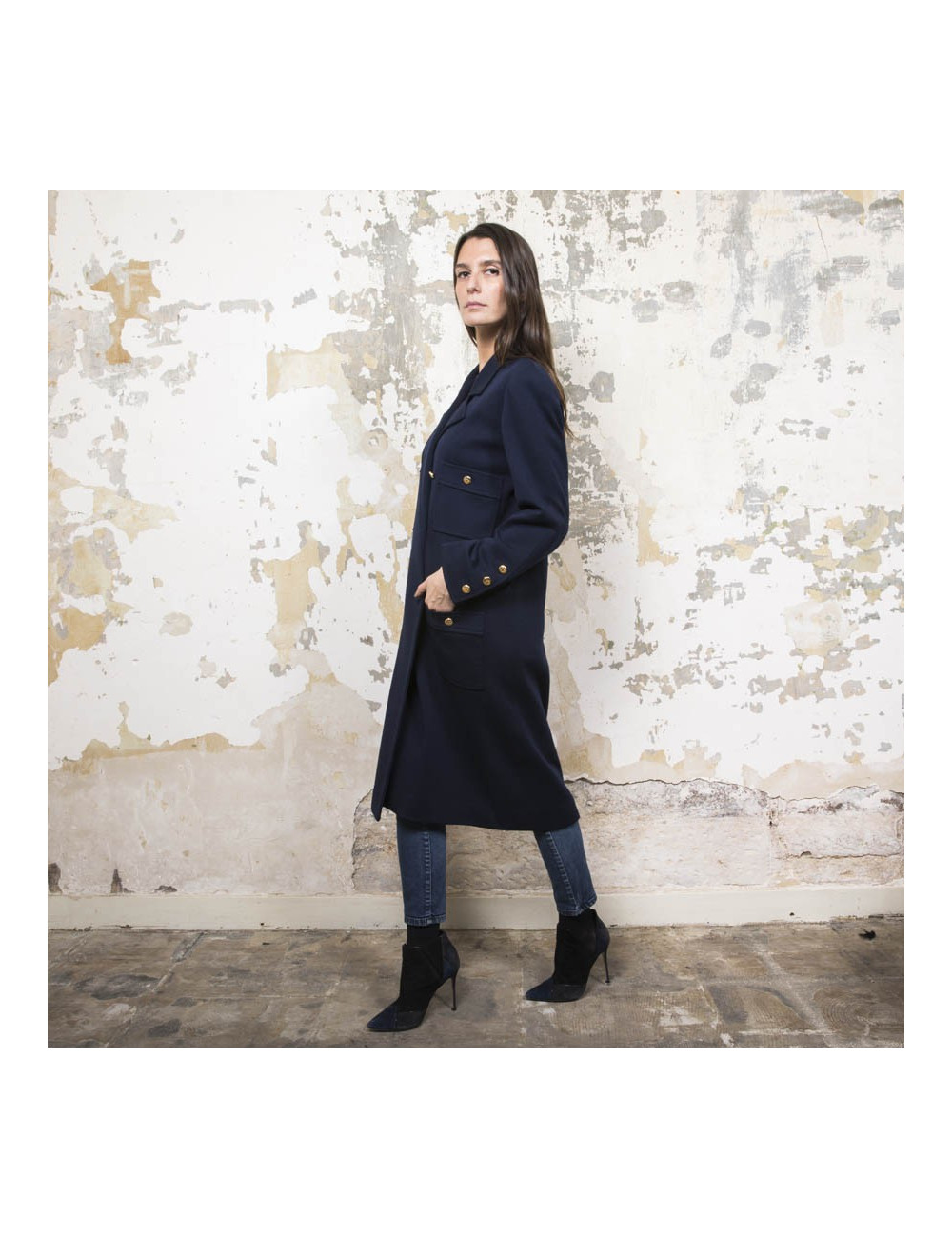 Manteau CHANEL en jersey bleu nuit Vintage