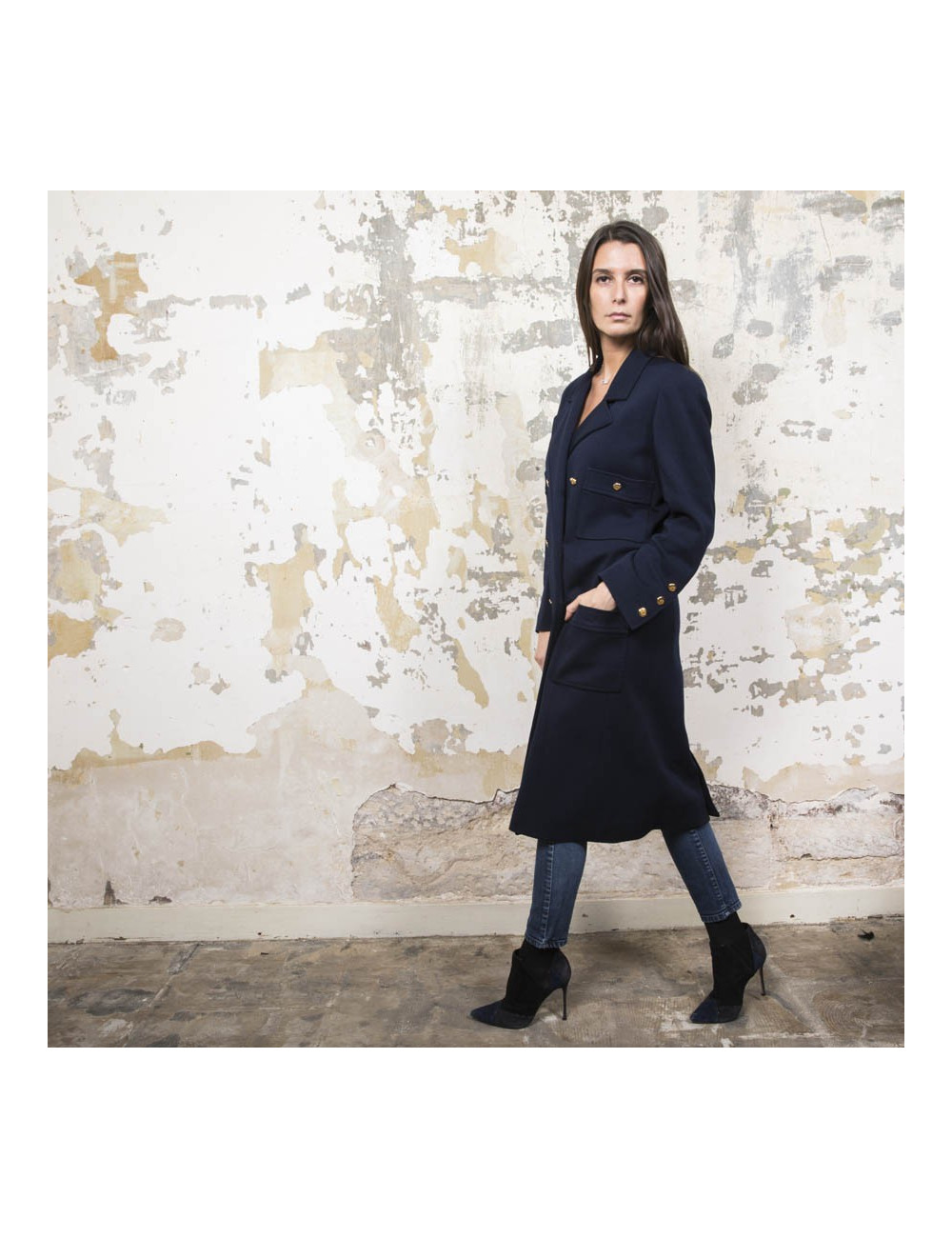 Manteau CHANEL en jersey bleu nuit Vintage