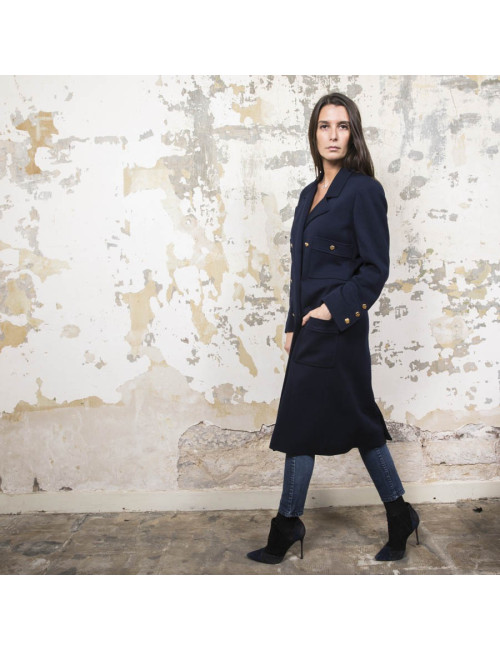 Manteau CHANEL en jersey bleu nuit Vintage