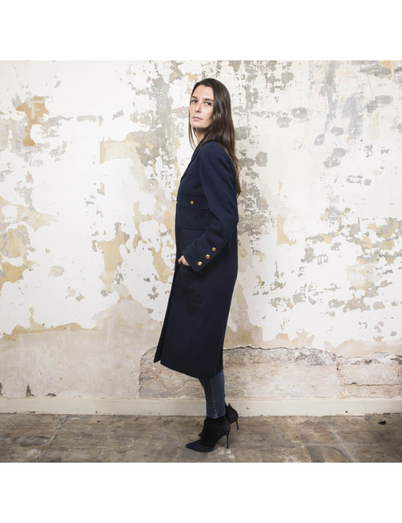 Manteau CHANEL en jersey bleu nuit Vintage