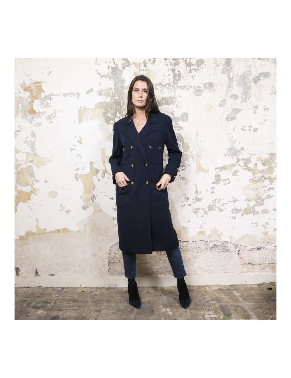 Manteau CHANEL en jersey bleu nuit Vintage