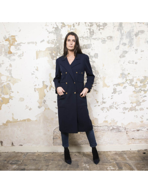Manteau CHANEL en jersey bleu nuit Vintage