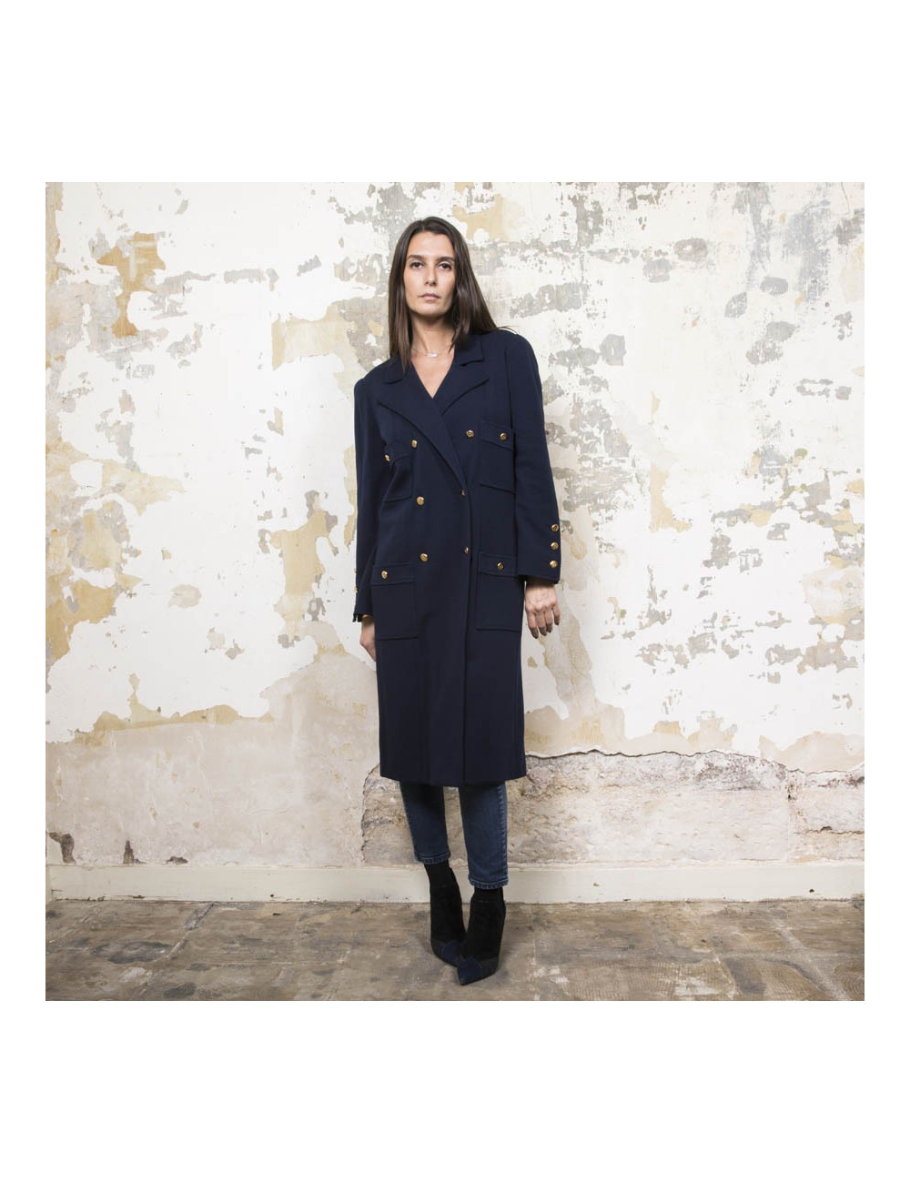 Manteau CHANEL en jersey bleu nuit Vintage