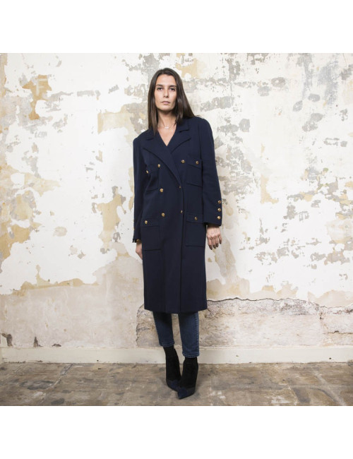 Manteau CHANEL en jersey bleu nuit Vintage