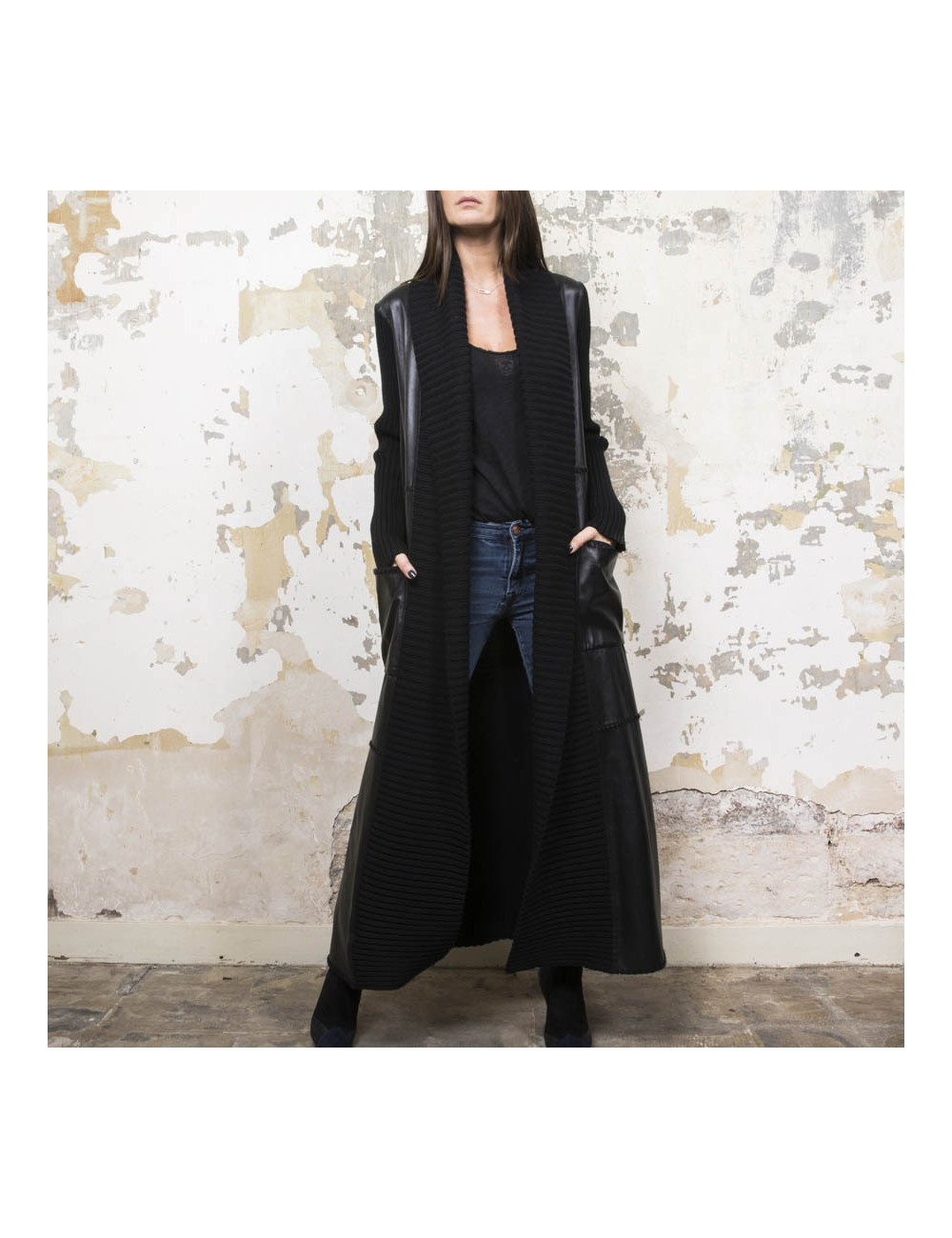 Manteau PACO RABANNE T 38 laine et cuir noir