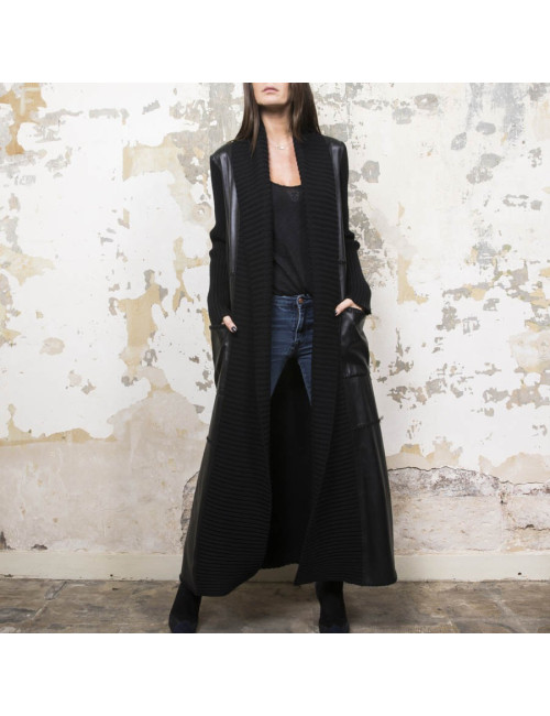 Manteau PACO RABANNE T 38 laine et cuir noir