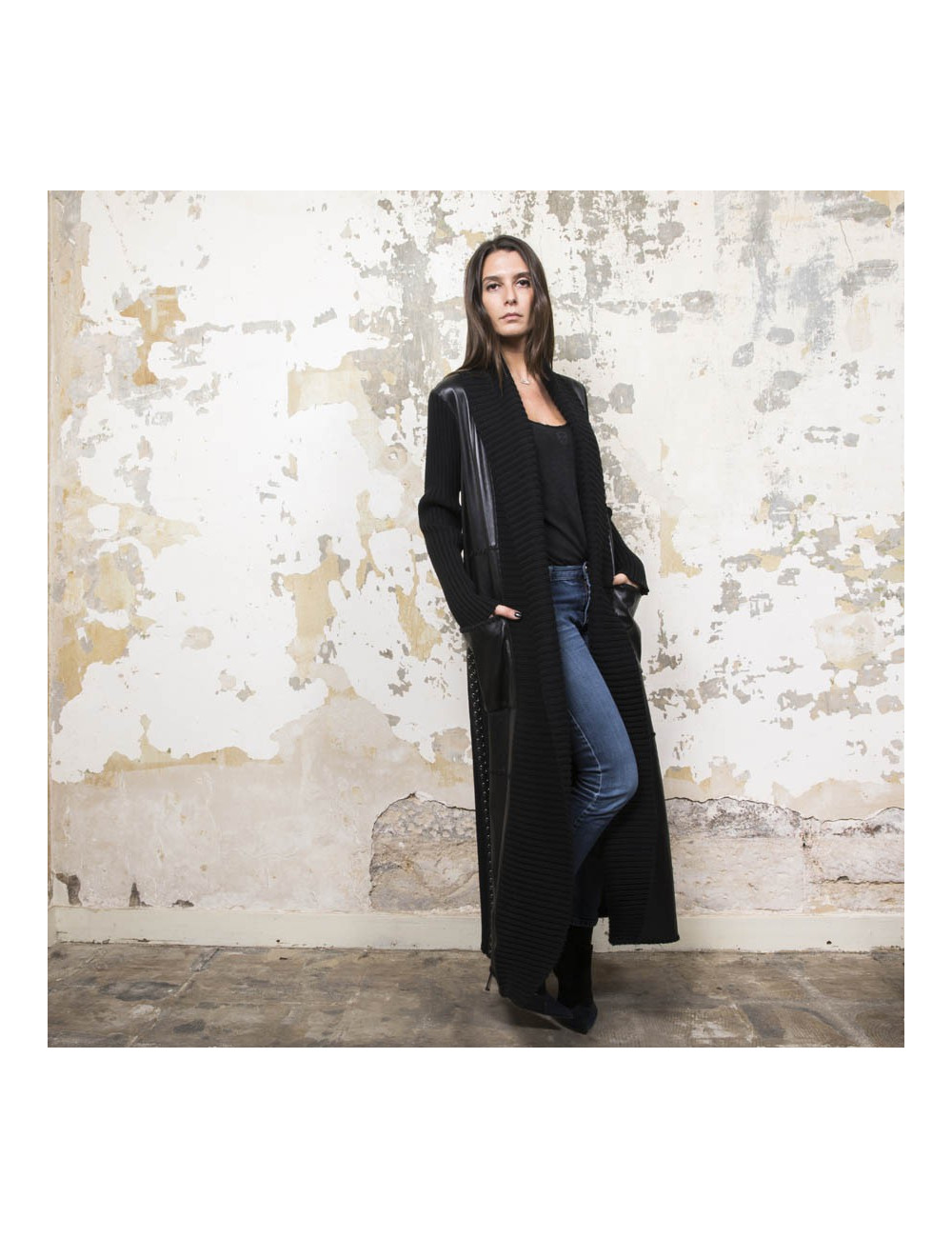 Manteau PACO RABANNE T 38 laine et cuir noir