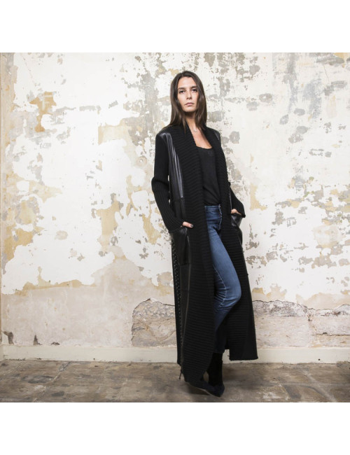 Manteau PACO RABANNE T 38 laine et cuir noir