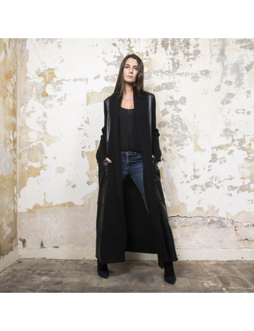 Manteau PACO RABANNE T 38 laine et cuir noir