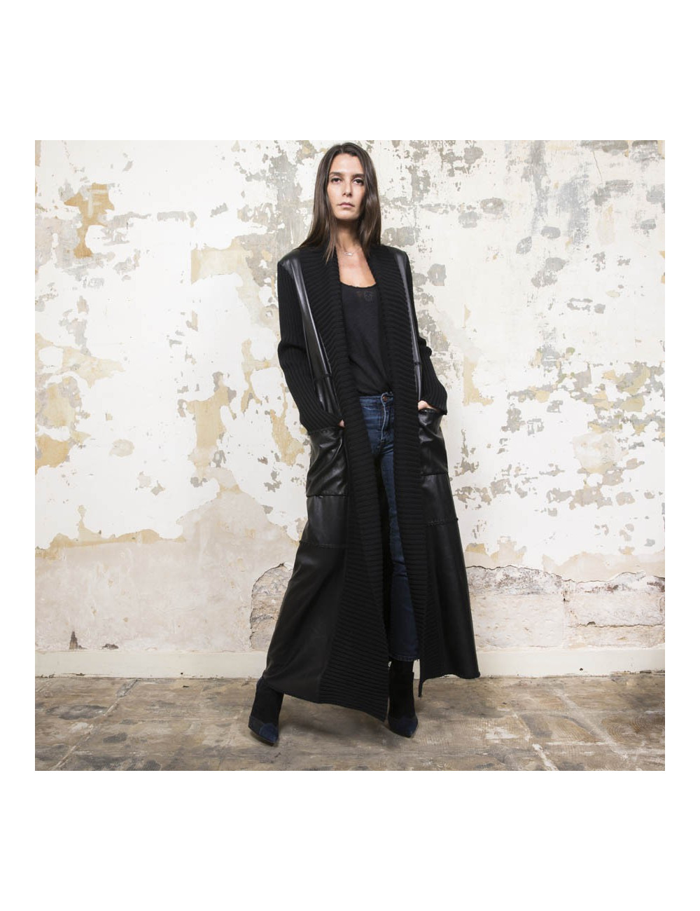 Manteau PACO RABANNE T 38 laine et cuir noir