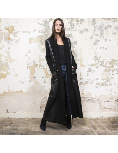 Manteau PACO RABANNE T 38 laine et cuir noir