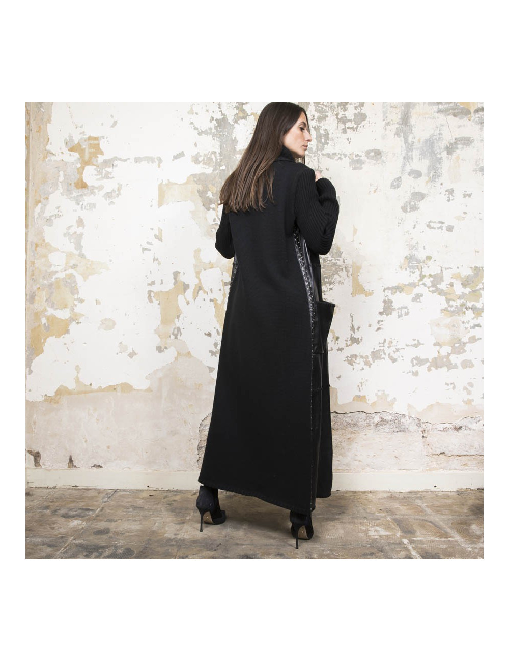 Manteau PACO RABANNE T 38 laine et cuir noir