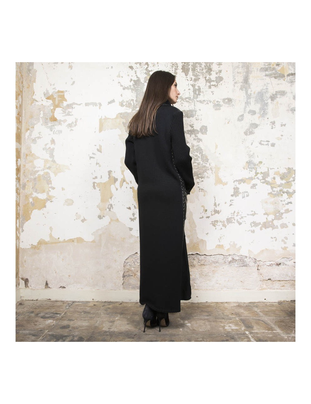 Manteau PACO RABANNE T 38 laine et cuir noir