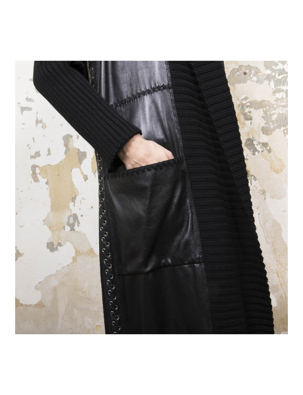 Manteau PACO RABANNE T 38 laine et cuir noir