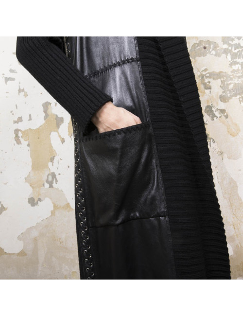 Manteau PACO RABANNE T 38 laine et cuir noir