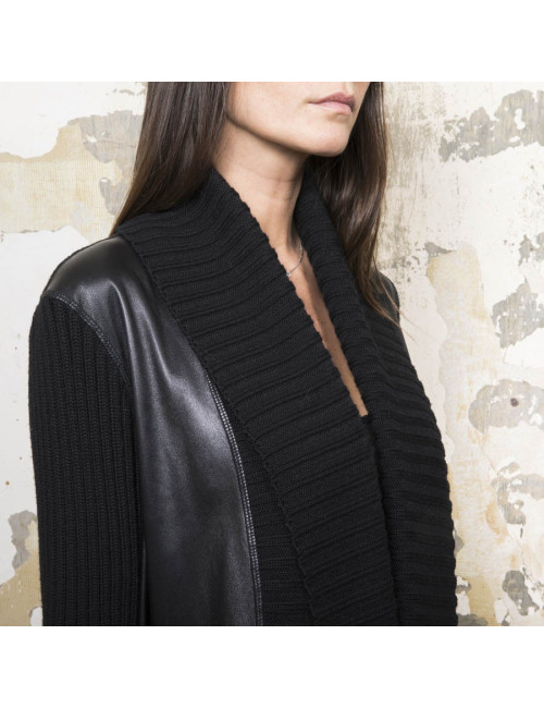 Manteau PACO RABANNE T 38 laine et cuir noir