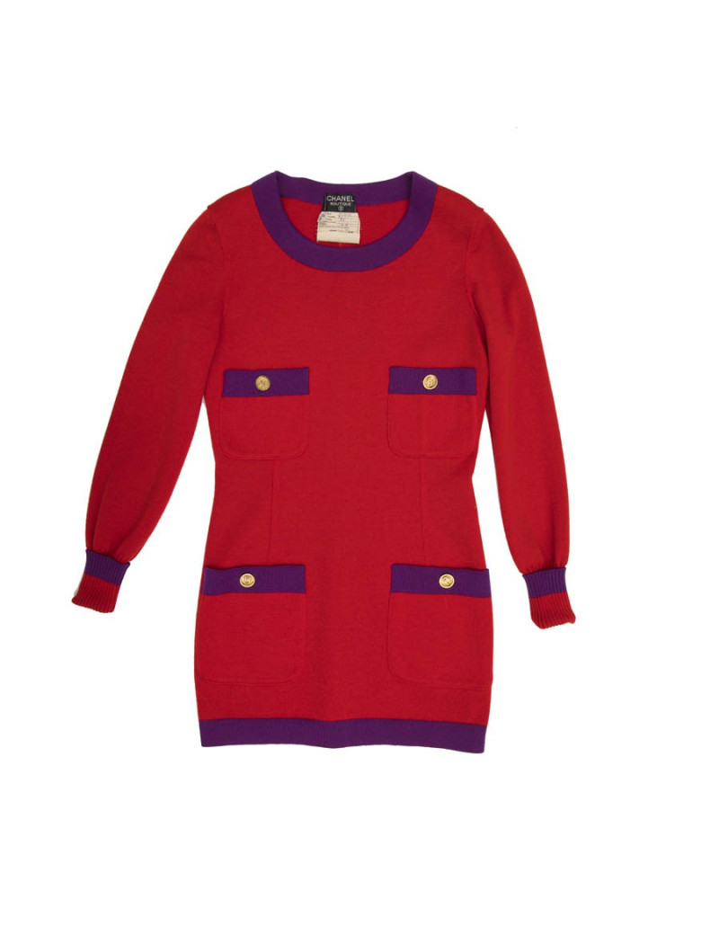 Ensemble CHANEL T 38 pull et jupe en laine rouge avec bordures violettes