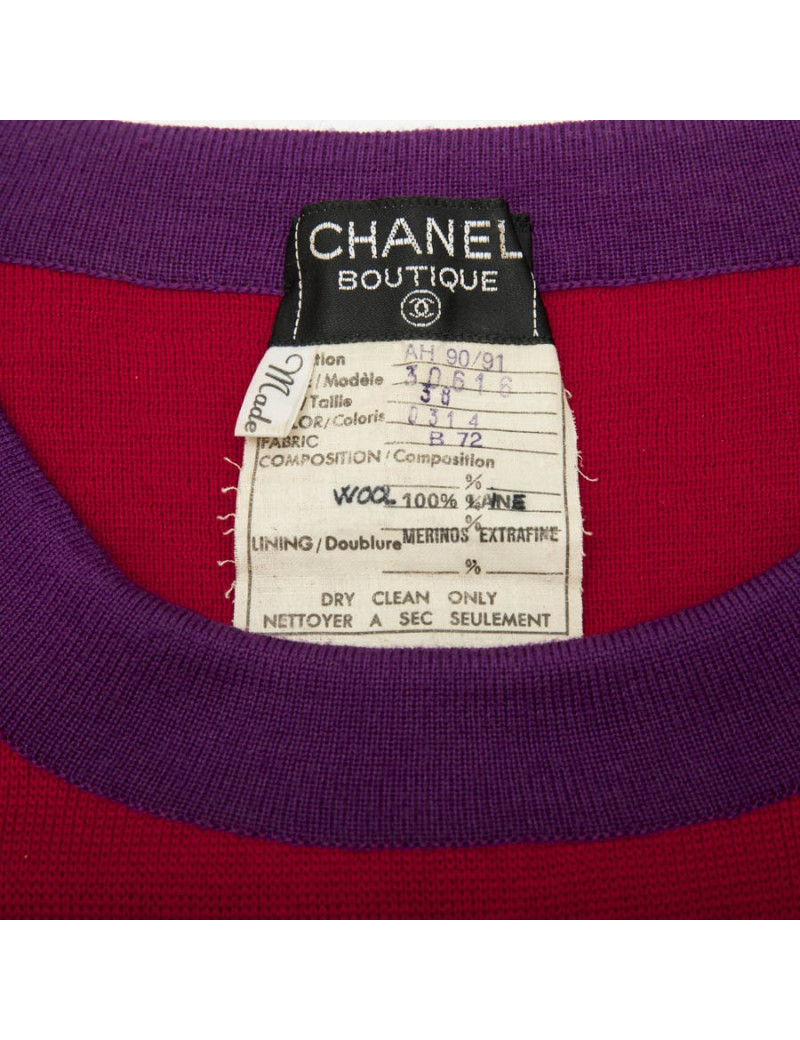 CHANEL T 38 set sweater and skirt in red wool with purple borders