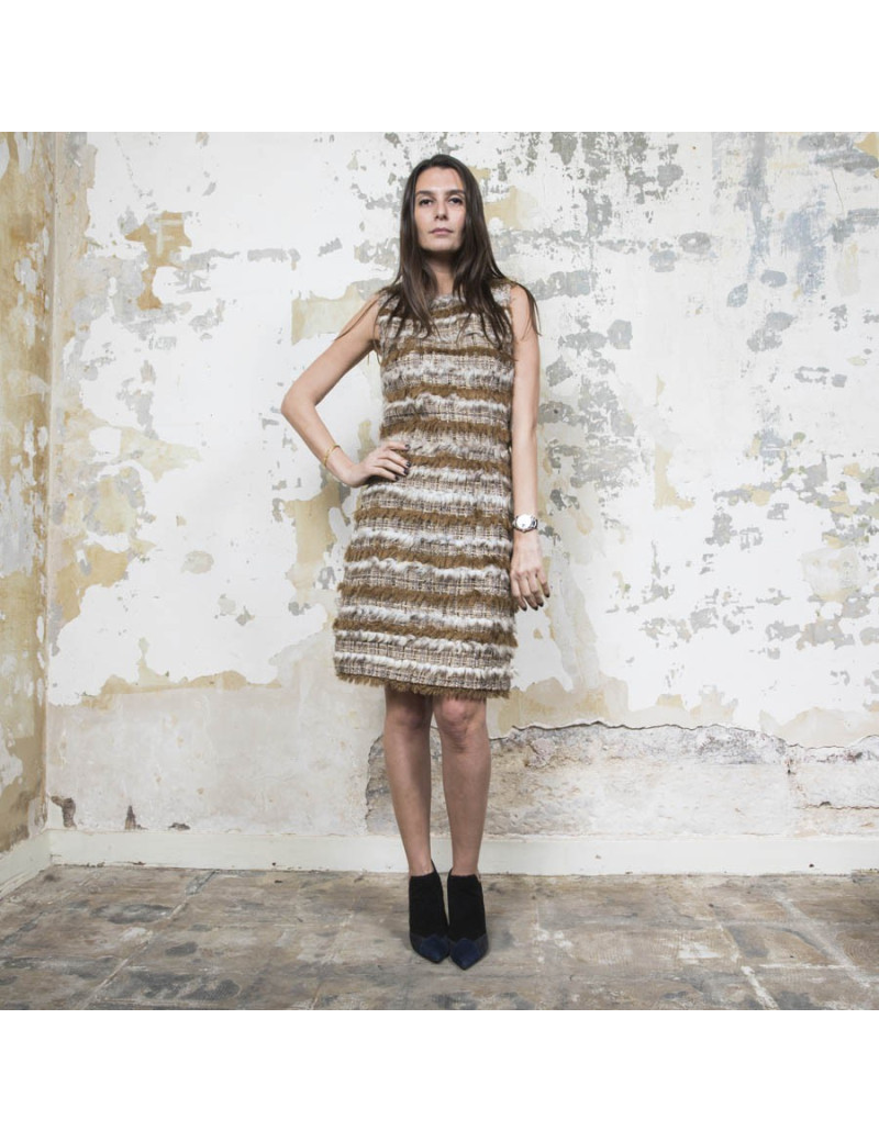 Robe CHANEL tweed et fausse fourrure T38