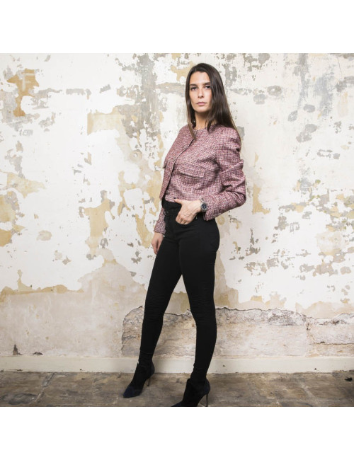  CHANEL jacket size 40 in burgundy fabric with gold metallic threads