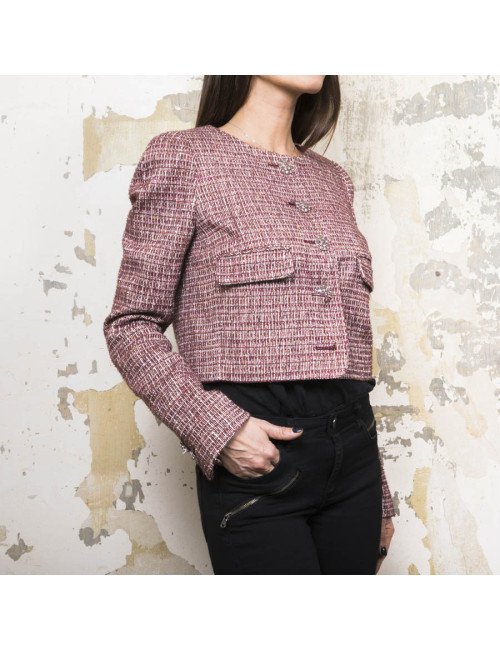  CHANEL jacket size 40 in burgundy fabric with gold metallic threads