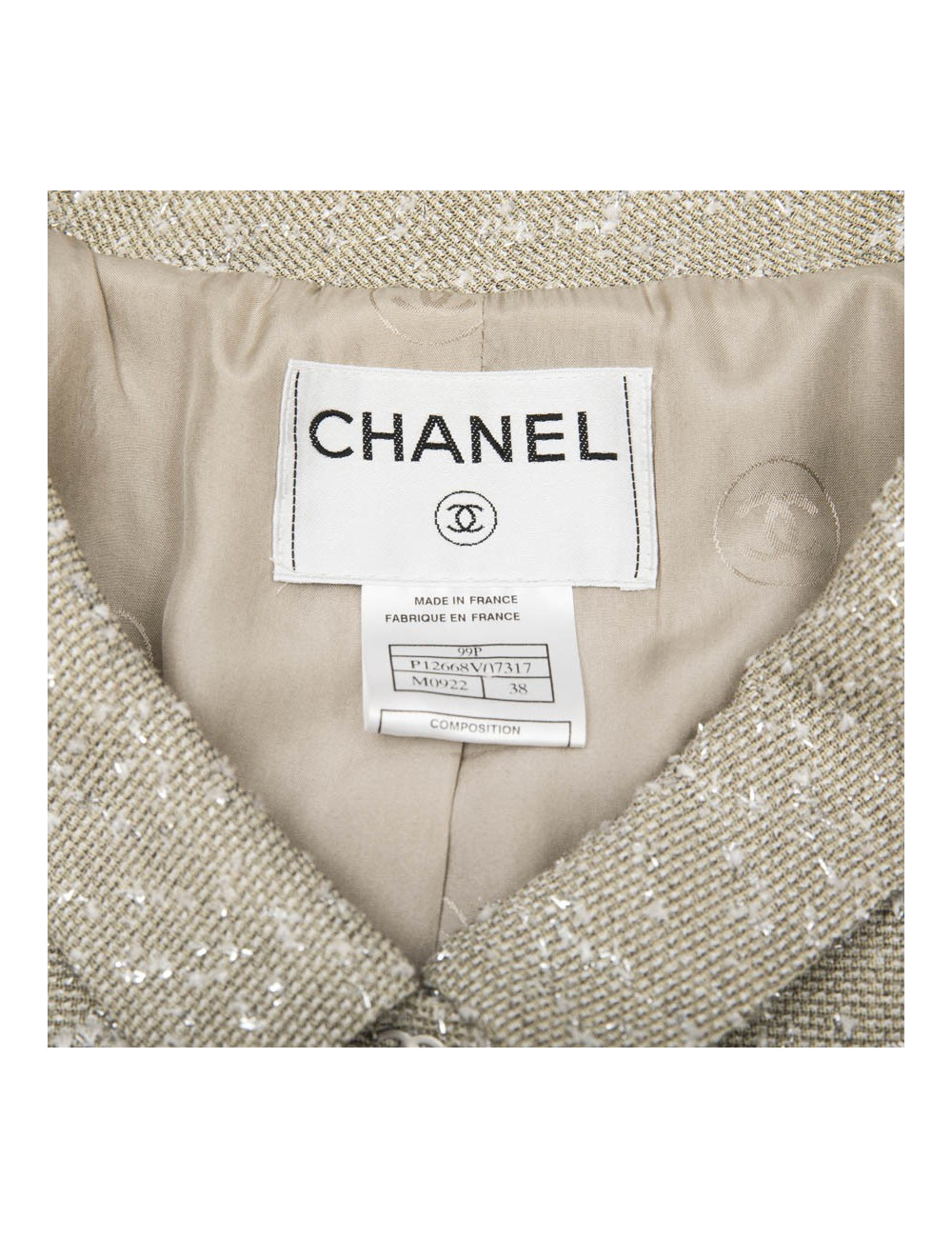 CHANEL set jacket and top 38FR in green beige fabric and silver threads