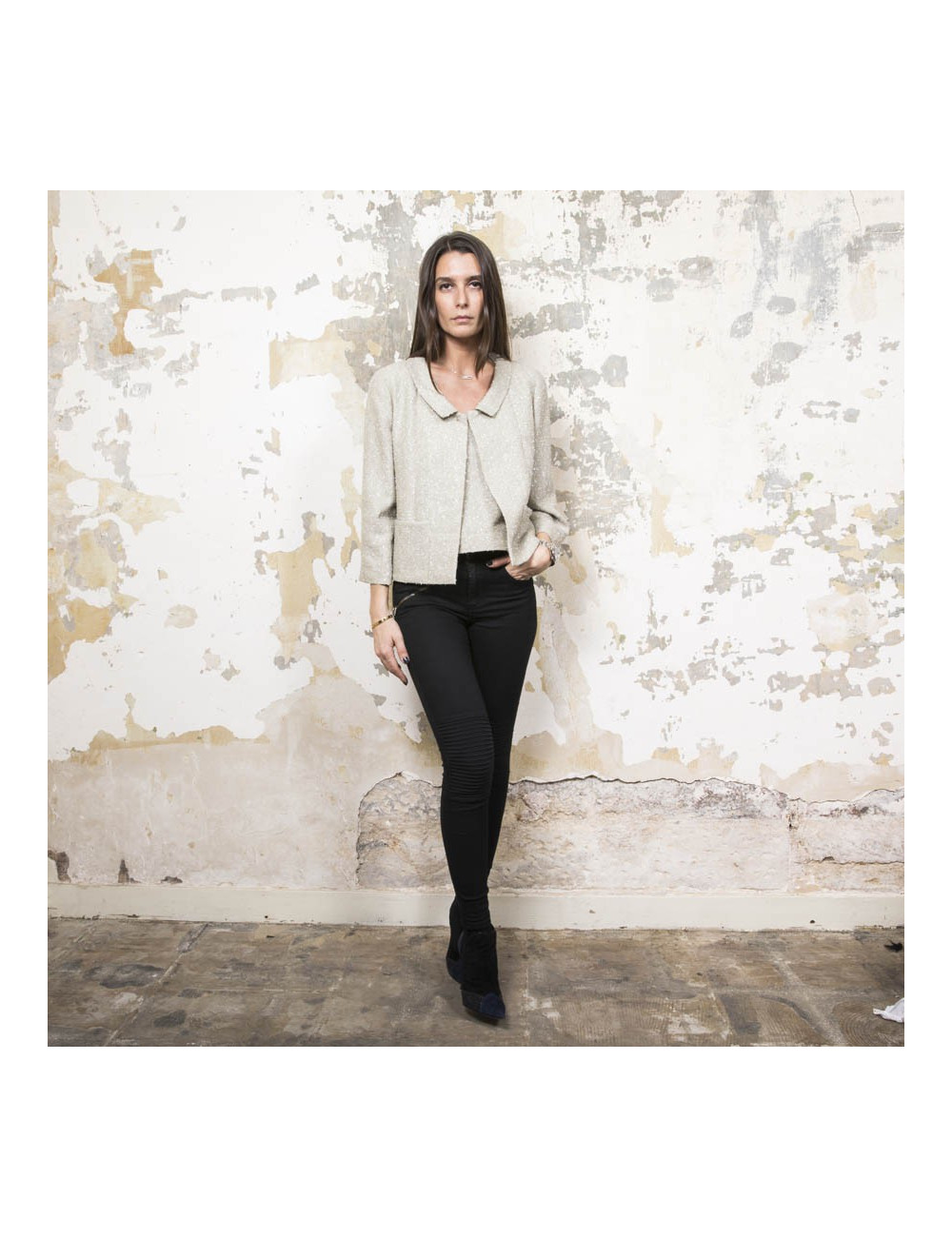 CHANEL set jacket and top 38FR in green beige fabric and silver threads