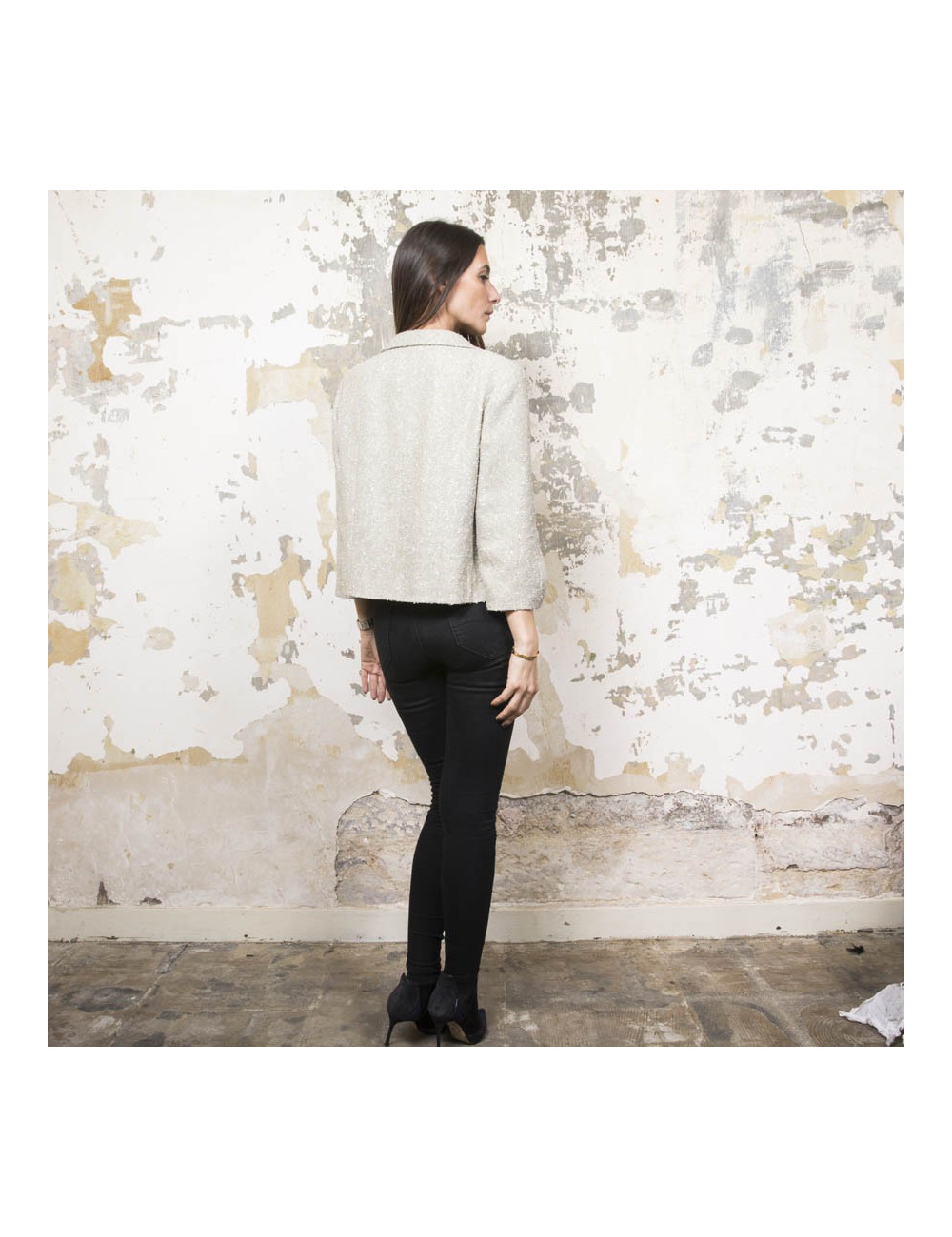 CHANEL set jacket and top 38FR in green beige fabric and silver threads