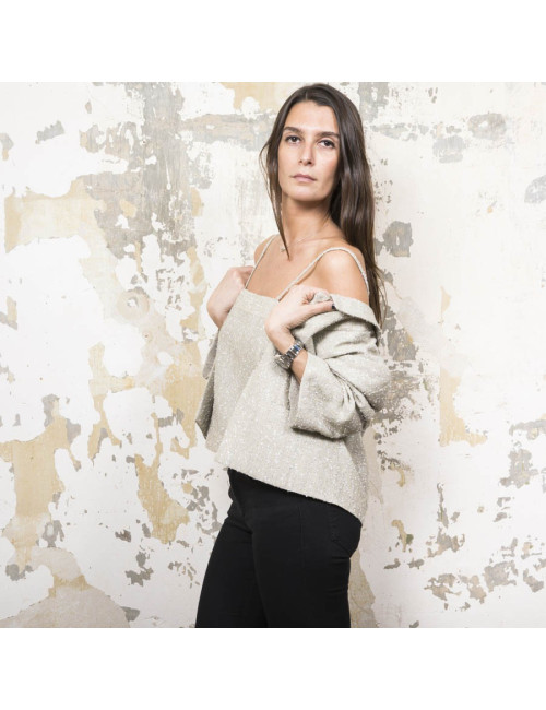 CHANEL set jacket and top 38FR in green beige fabric and silver threads