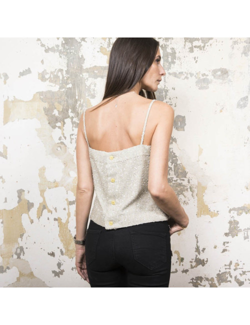 CHANEL set jacket and top 38FR in green beige fabric and silver threads