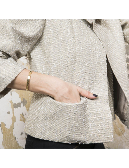 CHANEL set jacket and top 38FR in green beige fabric and silver threads