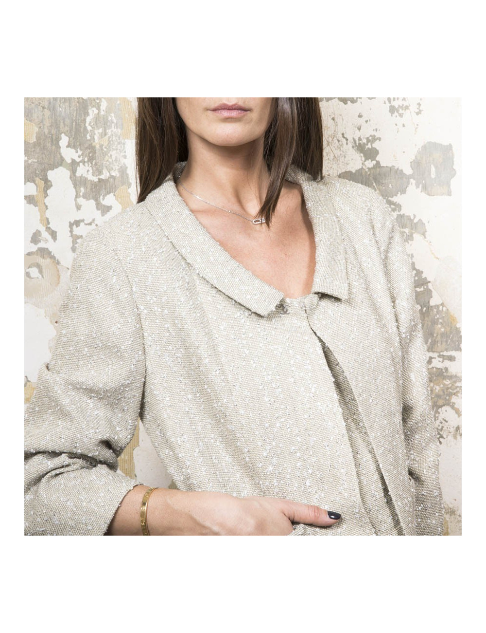 CHANEL set jacket and top 38FR in green beige fabric and silver threads