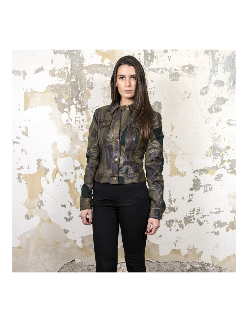 Blouson JEAN PAUL GAULTIER en cuir vert et marron patchwork