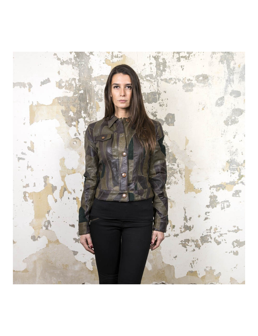 Blouson JEAN PAUL GAULTIER en cuir vert et marron patchwork