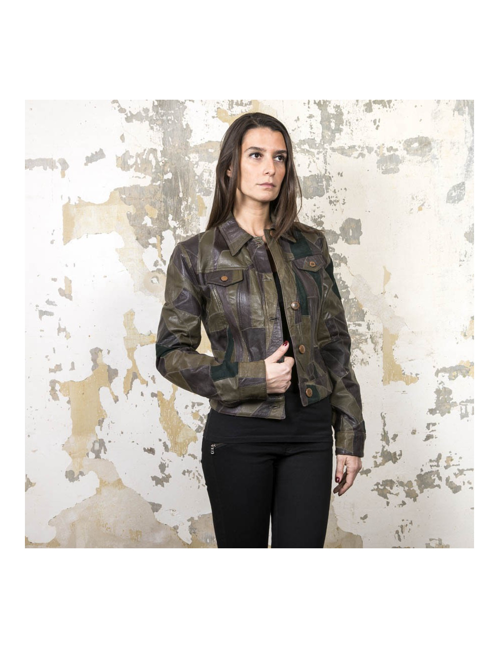 Blouson JEAN PAUL GAULTIER en cuir vert et marron patchwork