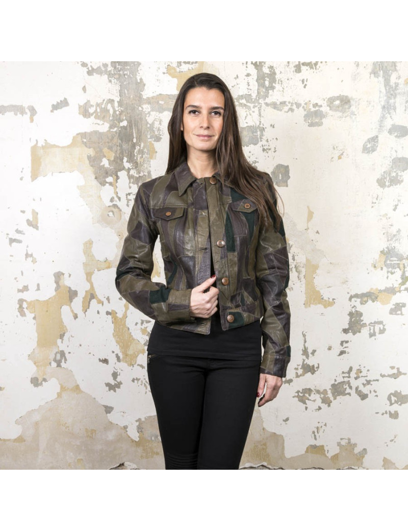 Blouson JEAN PAUL GAULTIER en cuir vert et marron patchwork