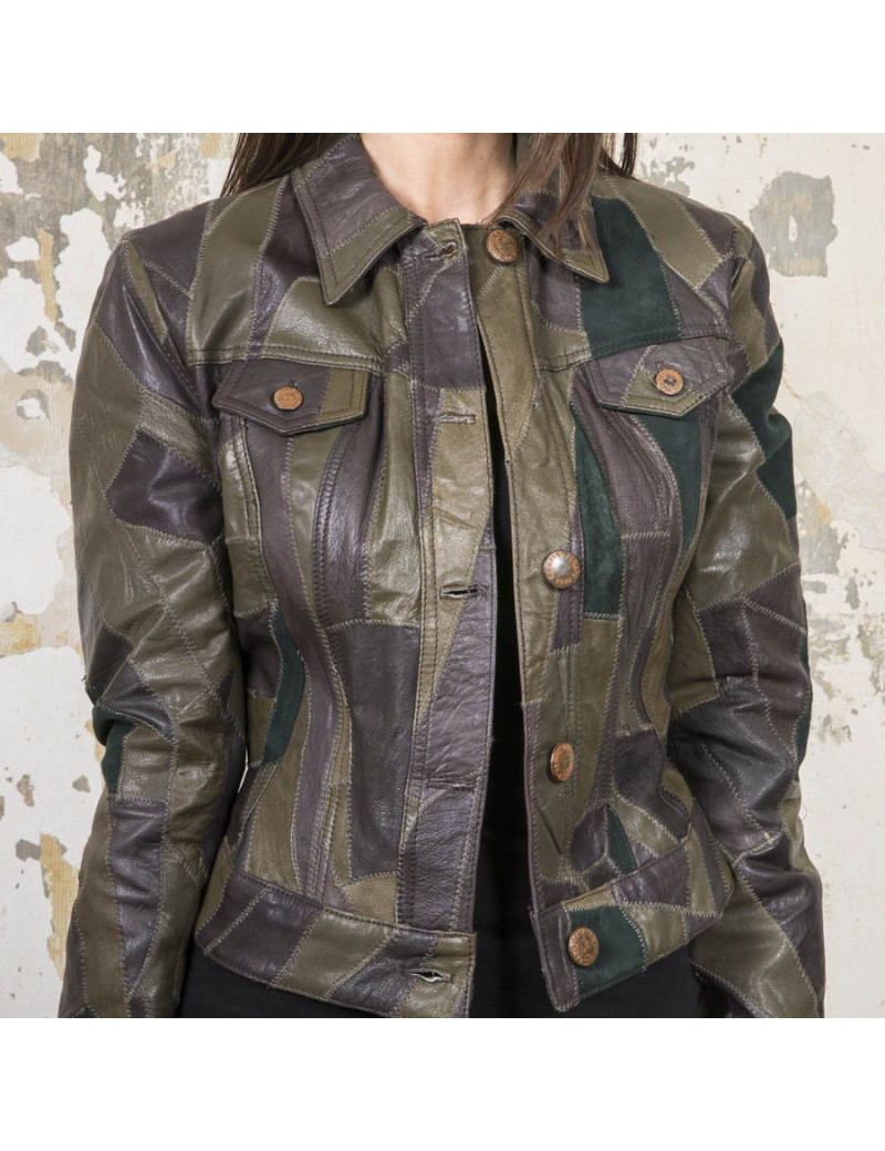 Blouson JEAN PAUL GAULTIER T38 en patchwork de cuir vert et marron